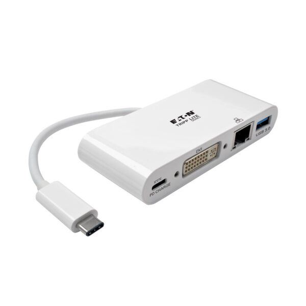 Tripp Lite series USB-C Multiport Adapter, DVI, USB 3.x (5Gbps) Hub Port, Gbe and PD Charging, White