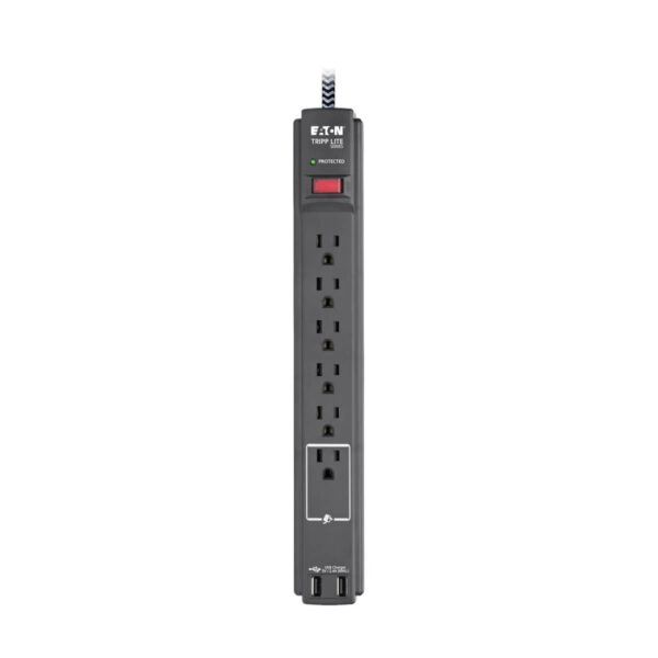 Tripp Lite series Safe-IT 6-Outlet Surge Protector, 2 USB Charging Ports, 10 ft. Cord, 5-15P Plug, 990 Joules, Antimicrobial Protection, Black