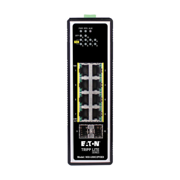 017b5221fb9ba6338d2c7aa54555ffea Tripp Lite series 8-Port Unmanaged Industrial Gigabit Ethernet Switch - 10/100/1000 Mbps, PoE+ 30W, 2 GbE SFP Slots, -40° to 75°C, DIN Mount, TAA