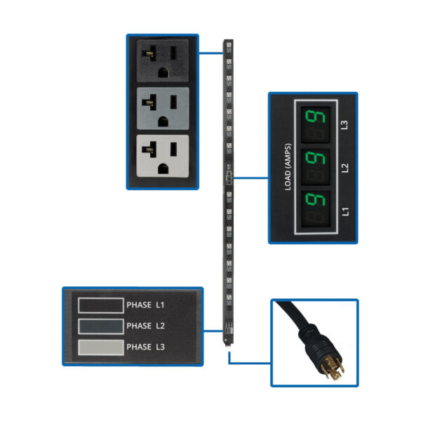 Tripp Lite series 5.7kW 3-Phase Local Metered PDU, 120V Outlets (42 5-15/20R), 208V L21-20P input, 6 ft. (1.83 m) Cord, 0U Vertical, TAA