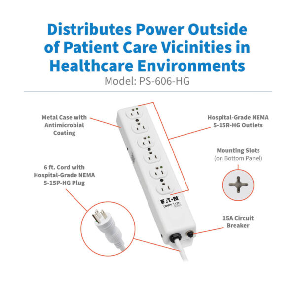 0436ebbd07be855e195bb70a3418962c Tripp Lite series Safe-IT Medical-Grade Power Strip, UL 1363, 6x Hospital-Grade Outlets, Antimicrobial, 6 ft. Cord