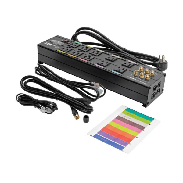 Tripp Lite series Isobar 10-Outlet Home/Business Theater Surge Protector, 8 ft. Cord with Right-Angle Plug, 3840 Joules, LEDs, Metal Housing