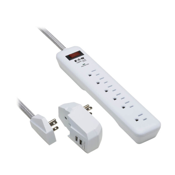 Tripp Lite 7-Outlet Surge Protector, 6 on Strip + 1 on Detachable Charger Plug, 2 USB (2.4A Shared), 900 Joules, 6 ft. Cord, 5-15P, White - TLP616USB