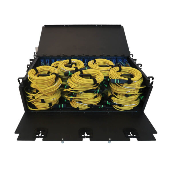 Tripp Lite series Preloaded Fiber Patch Panel, 3U - 48x (12F MTP/MPO-APC to 4x LC Duplex F/F) 8F Trunk Cables, OS2 Singlemode, 5 m (16.4 ft.)