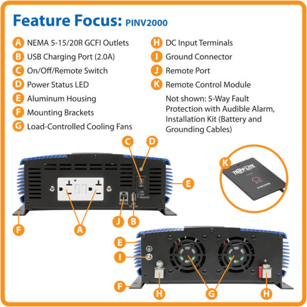 Tripp Lite series 2000W Medium-Duty Compact Mobile Power Inverter with 2 AC/1 USB - 2.0A/Battery Cables