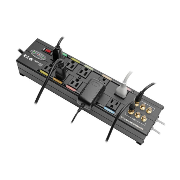 Tripp Lite series Isobar 10-Outlet Home/Business Theater Surge Protector, 8 ft. Cord with Right-Angle Plug, 3840 Joules, LEDs, Metal Housing