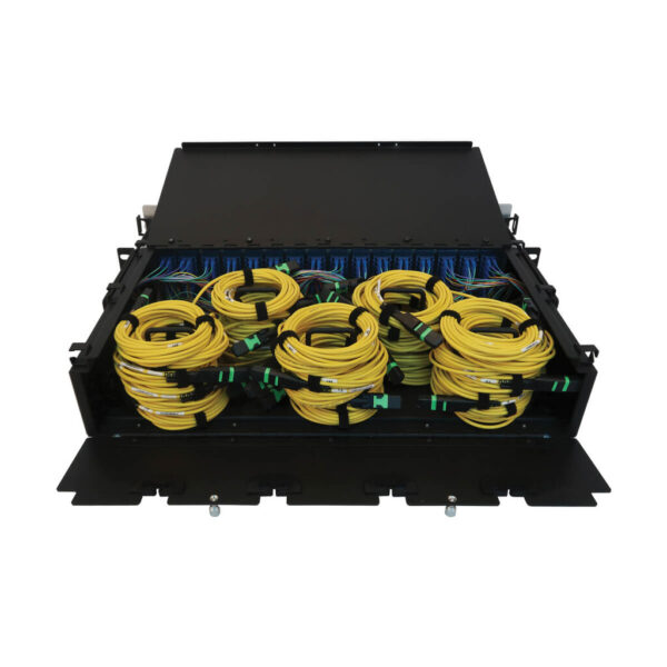 091e1b6534b68c1e58f3f5d33306ae89 Tripp Lite series Preloaded Fiber Patch Panel, 2U - 32x (12F MTP/MPO-APC to 4x LC Duplex F/F) 8F Trunk Cables, OS2 Singlemode, 3 m (9.8 ft.)