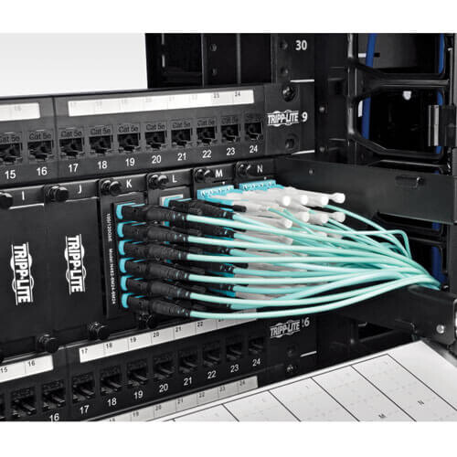 Tripp Lite series MTP/MPO Patch Cable with Push/Pull Tabs, 12 Fiber, 40GbE, 40GBASE-SR4, OM3 Plenum-Rated - Aqua, 1M (3 ft.)