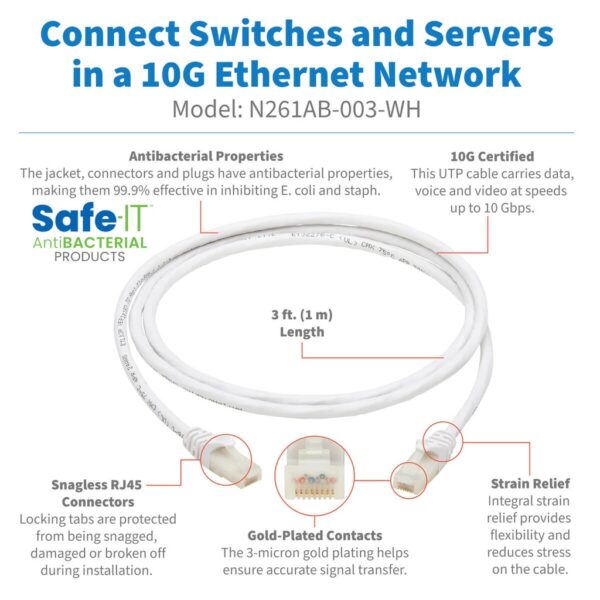 Tripp Lite series Safe-IT Cat6a 10G Snagless Antibacterial UTP Ethernet Cable (RJ45 M/M), PoE, White, 3 ft. (0.91 m), TAA
