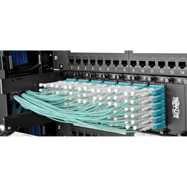 Tripp Lite series MTP/MPO Fan-out Cable with Push/Pull Tab Connectors, MTP/MPO to 4xLC, 40GbE, 40GBASE-SR4,OM3 Plenum-rated - Aqua, 3M (9.84 ft.)