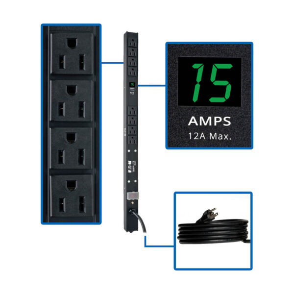 0c8318a7af3d63fe7376d03548f67967 Tripp Lite series 1.5kW Single-Phase Local Metered PDU, 100-127V Outlets (8 5-15R), 5-15P, 15 ft. (4.57 m) Cord, 0U Vertical, 24 in.