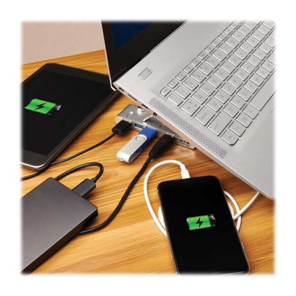 0cbf36530acf5f0ad3275102775e3462 Tripp Lite series 4-Port USB-C Hub with Laptop Stand - USB 3.x (5Gbps), 4x USB-A Ports, Thunderbolt 3 Compatible, 100W PD Charging, Silver
