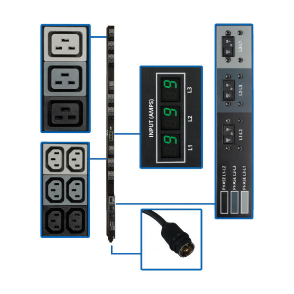 0d4442ef4c3e4aa2f609eba4dd46feff Tripp Lite series 12.6kW 3-Phase Local Metered PDU, 208V Outlets (36 C13 & 9 C19) Hubbell 50A CS8365C, 6 ft. (1.83 m) Cord, 0U Vertical, TAA