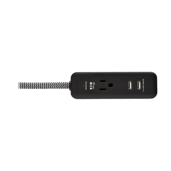0e40474ed18e85f107ceb41be86d0a56 Tripp Lite series 1-Outlet Surge Protector with 2 USB Ports (2.1A Shared) - 4 ft. Cord, 5-15P Plug, 450 Joules, Black