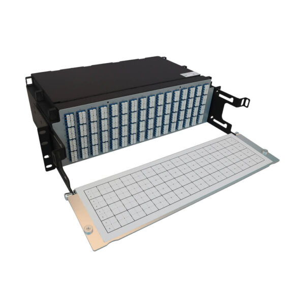 Tripp Lite series Preloaded Fiber Patch Panel, 3U - 64x (12F MTP/MPO-APC to 4x LC Duplex F/F) 8F Trunk Cables, OS2 Singlemode, 3 m (9.8 ft.)