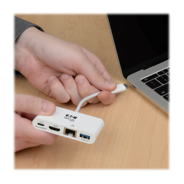 0ef2d61c3b2eceaa5559b437795aa139 Tripp Lite series USB-C Multiport Adapter - HDMI, USB 3.x (5Gbps) Hub Port, Gigabit Ethernet, 60W PD Charging, HDCP, White