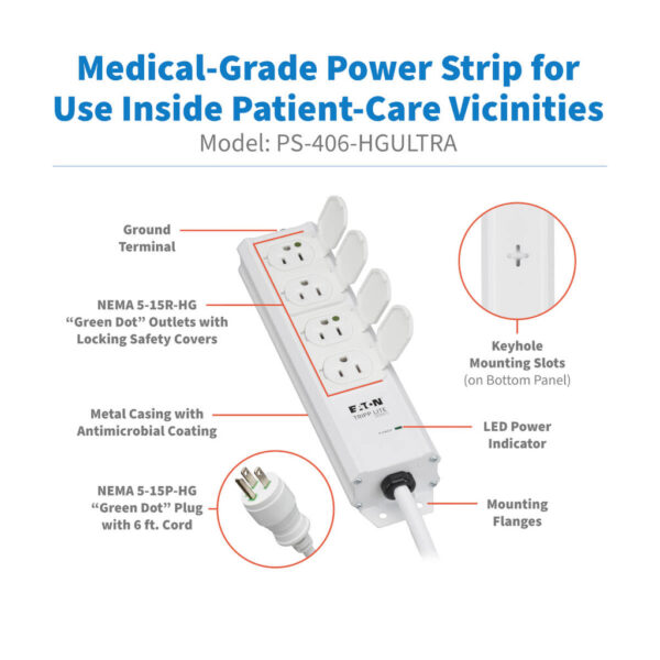 0f864964f8e09d13d34b165d74a25a98 Tripp Lite series Safe-IT UL 2930 Medical-Grade Power Strip for Patient-Care Vicinity, 4x 15A Hospital-Grade Outlets, Safety Covers, 6 ft. Cord