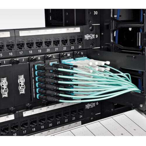 115fdc5294cce8256839882adafa31b2 Tripp Lite series MTP/MPO Patch Cable with Push/Pull Tabs, 12 Fiber, 40GbE, 40GBASE-SR4, OM3 Plenum-Rated - Aqua, 2M (6 ft.)