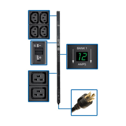 Tripp Lite series 5.8kW Single-Phase Local Metered PDU, 200-240V Outlets (8 C19 and 40 C13), L6-30P, 10 ft. (3.05 m) Cord, 0U Vertical, TAA, 70 in.