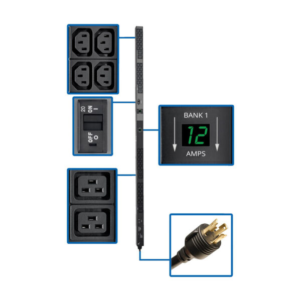 1272d92637284d0c9b622cd27ffcac27 Tripp Lite series 5.8kW Single-Phase Local Metered PDU, 200-240V Outlets (8 C19 and 40 C13), L6-30P, 10 ft. (3.05 m) Cord, 0U Vertical, TAA, 70 in.