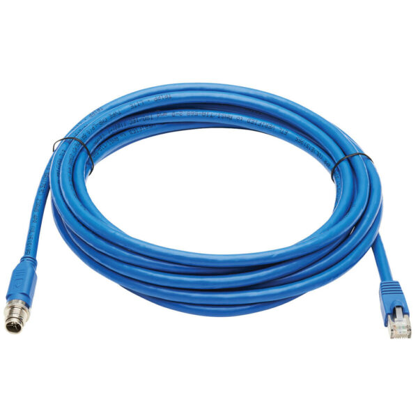 Tripp Lite series M12 X-Code Cat6a 10G F/UTP CMR-LP Shielded Ethernet Cable (M12 M/RJ45 M), IP68, PoE, Blue, 5 m (16.4 ft.), TAA