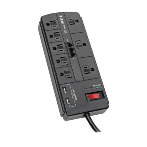 Tripp Lite series 8-Outlet Surge Protector with 2 USB Ports (2.1A Shared) - 8 ft. (2.43 m) Cord, 1200 Joules, Tel/Modem, Black