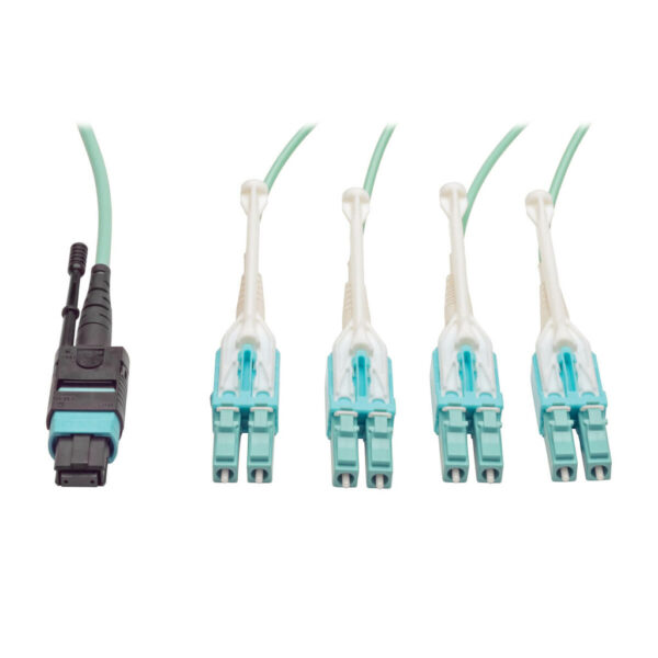 1437db37aab61cafefe040fb7af4b5c5 Tripp Lite series MTP/MPO Fan-out Cable with Push/Pull Tab Connectors, MTP/MPO to 4xLC, 40GbE, 40GBASE-SR4,OM3 Plenum-rated - Aqua, 1M (3.28 ft.)