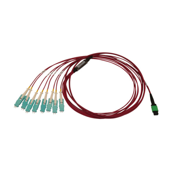 15415ca8cef95a32fd74231729f141b5-1 Tripp Lite series 40/100/400G Multimode 50/125 OM4 Breakout Fiber Optic Cable (16F MTP/MPO-APC to 8x Duplex SN-PC F/M), LSZH, Magenta, 3 m (9.8 ft.)