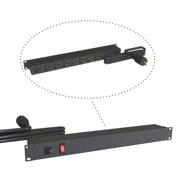 Hammond 1589 Series 1U Rackmount PDU, 8 Rear 5-20R Outlets, 20A 125V, 15 ft 5-20P Cord, Illuminated On/Off Switch, Black, 1589H8G1BKRR