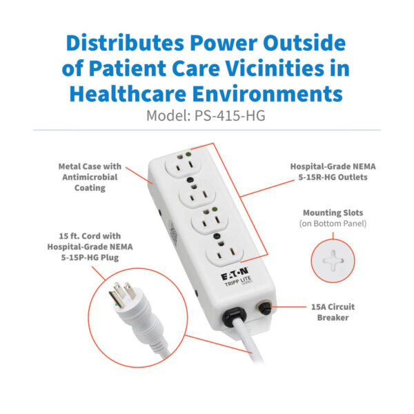1676d890ecd87731bd43649dbef1c6ba Tripp Lite series Safe-IT Medical-Grade Power Strip, UL 1363, 4 Hospital-Grade Outlets, Antimicrobial, 15 ft. (4.6 m) Cord