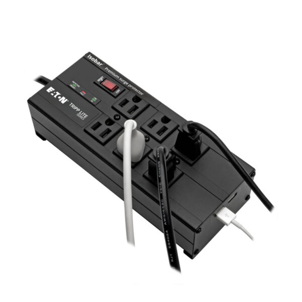 Tripp Lite series Isobar 6-Outlet Surge Protector, 10 ft. (3.05 m) Cord, Right-Angle Plug, 3840 Joules, 2 USB Ports, Metal Housing
