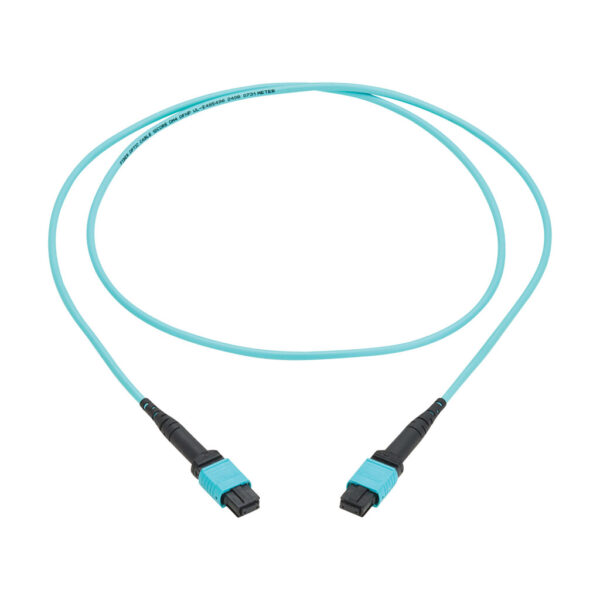 Tripp Lite series 100G Multimode 50/125 OM4 Fiber Optic Cable (12F MPO/MPO-PC F/F), Type-A Polarity, OFNP, Aqua, 2 m (6.6 ft.), TAA