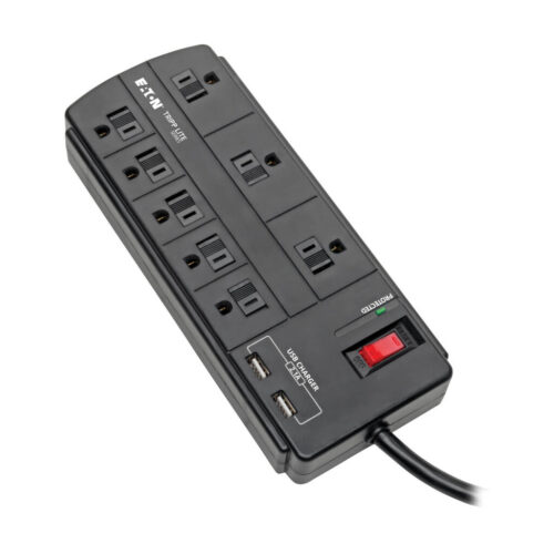 Tripp Lite series 8-Outlet Surge Protector with 2 USB Ports (2.1A Shared) - 8 ft. (2.43 m) Cord, 1200 Joules, Black