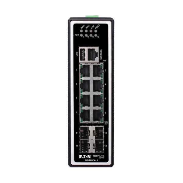 Tripp Lite series 8-Port Managed Industrial Gigabit Ethernet Switch - Layer 2, 10/100/1000 Mbps, 4 GbE SFP Ports, -40° to 75°C, DIN Mount, TAA