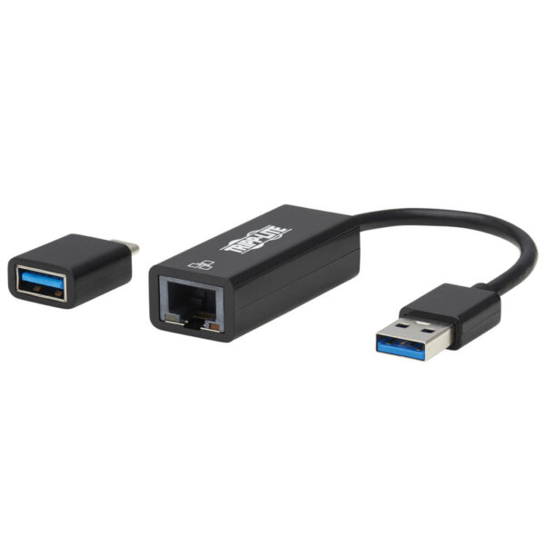 Tripp Lite series USB-C, USB-A to RJ45 Gigabit Ethernet Network Adapter (2xM/F), USB 3.2 Gen 1, Black