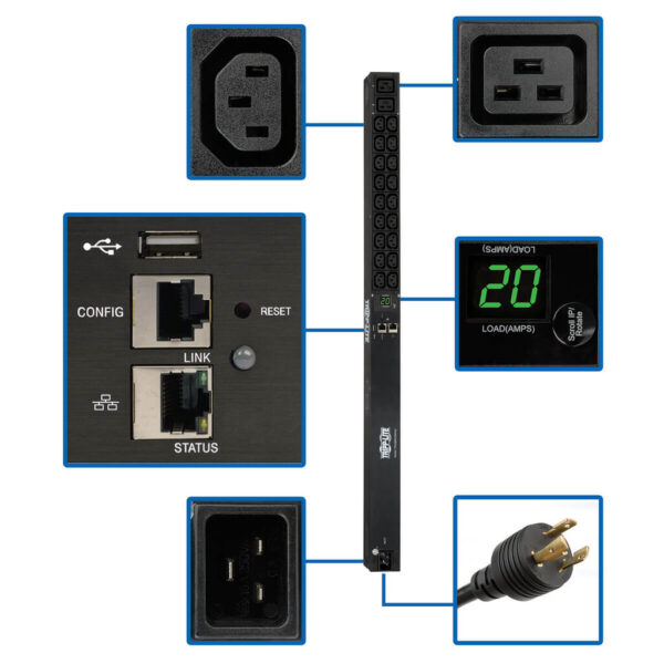 1a7bcef73b14d141cdb3e5caed84bf29 Eaton 3.7kW Single-Phase 208/230V Monitored PDU - LX Platform, 18 C13, 2 C19 Outlets, C20 / L6-20P Inputs, 0U 900mm Height, TAA