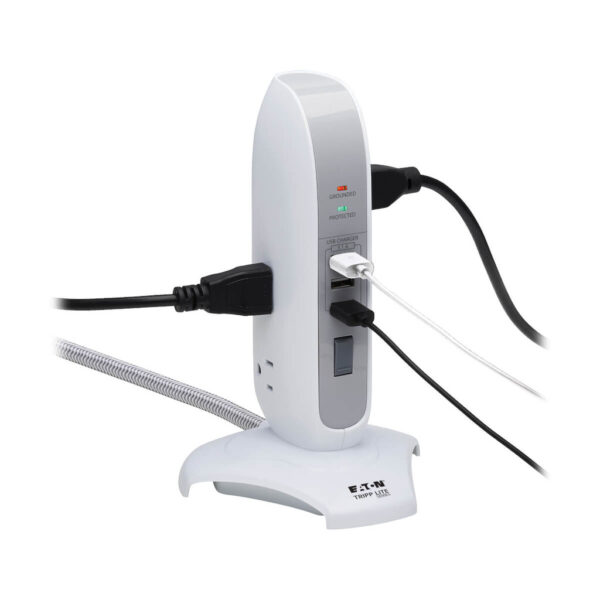 Tripp Lite series 5-Outlet Surge Protector Tower, 3x USB Ports (3.1A Shared), 6 ft. Cord, 5-15P Plug, 1200 Joules, White
