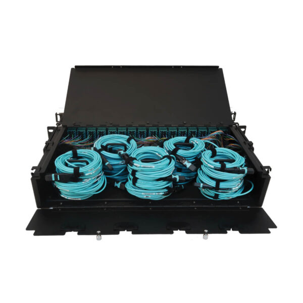 1ca6becae1d0d09a2a33d043b020b9f6 Tripp Lite series Preloaded Fiber Patch Panel, 2U - 32x (12F MTP/MPO-PC to 4x LC Duplex F/F) 8F Trunk Cables, OM4 Multimode, 3 m (9.8 ft.)