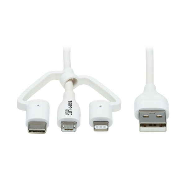 1cd7f3a0e3505cf9eaba10b2c8f7c013 Tripp Lite Safe-IT USB-A to Lightning, Micro-B and USB-C Antibacterial Sync/Charge Cable (M/3xM), MFi Certified, White, 4 ft. - M101AB-004-LMCW