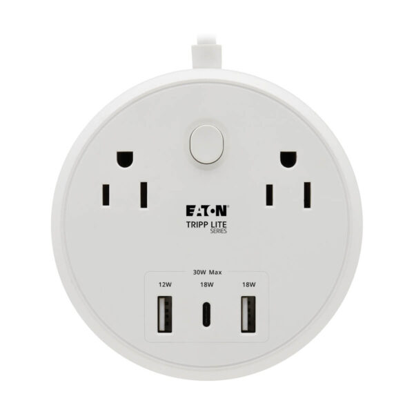 Tripp Lite series Safe-IT 30W 2-Outlet Surge Protector - 5-15R Outlets, 3 USB Ports, 6 ft. (1.8 m) Cord, 300 Joules, Antimicrobial Protection, White