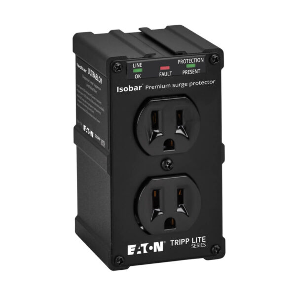 Tripp Lite series Isobar 2-Outlet Surge Protector, Direct Plug-In, 1410 Joules, Diagnostic LEDs, Black Metal Housing