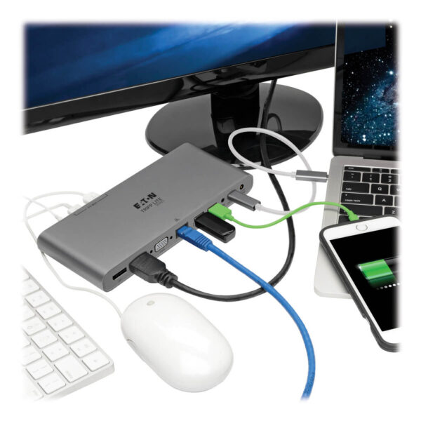 Tripp Lite USB-C Triple-Display Dock, 4K HDMI/DisplayPort, VGA, USB 3.x 5Gbps Hub, GbE, 100W PD Charging, Thunderbolt 3, Silver - U442-DOCK4-S