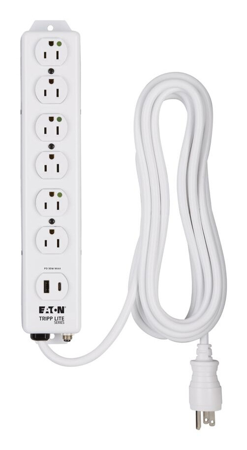 Tripp Lite series Safe-IT UL 1363 Medical-Grade Power Strip, 6 Hospital-Grade Outlets, USB Charging, Safety Covers, Antimicrobial, 15 ft. Cord