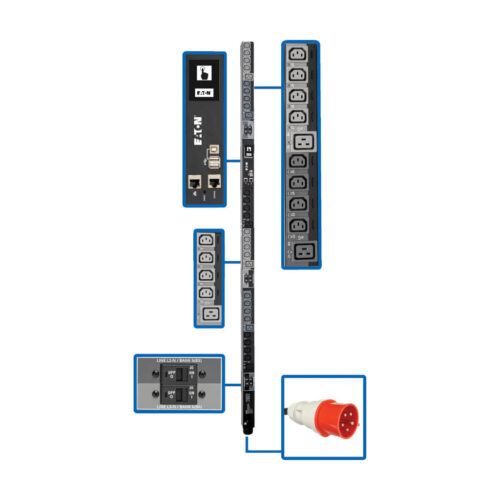 Eaton 23kW 220-240V 3PH Switched PDU - LX Interface, Gigabit, 30 Outlets, IEC 309 32A Red 380-415V Input, LCD, 1.8 m Cord, 0U 1.8 m Height, TAA