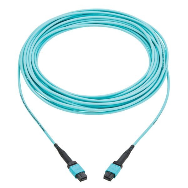 Tripp Lite series 100G Multimode 50/125 OM4 Fiber Optic Cable (12F MPO/MPO-PC F/F), Type-B Polarity, OFNP, Aqua, 10 m (32.8 ft.), TAA
