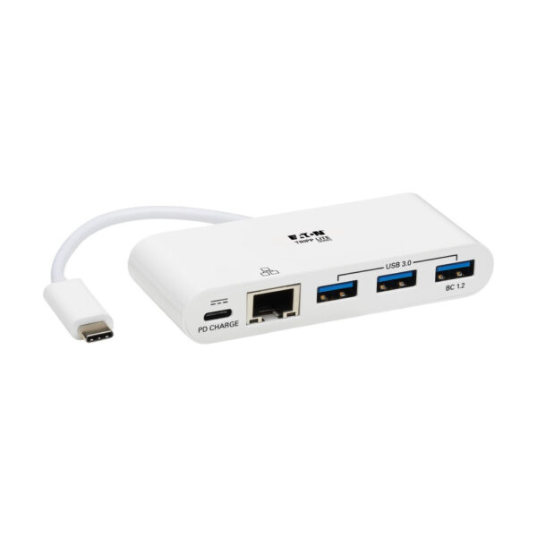Tripp Lite series 3-Port USB-C Hub - USB 3.x (5Gpbs) Hub Ports, Gigabit Ethernet, 60W PD Charging, White