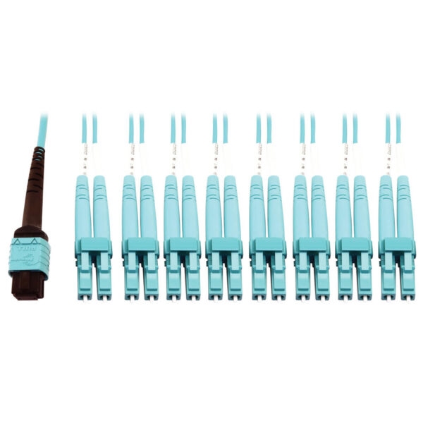 Tripp Lite series 400G Multimode 50/125 OM4 Plenum Fiber Optic Breakout Cable, 24F MTP/MPO-PC to (x4) LC Duplex (F/M), Aqua, 3 m
