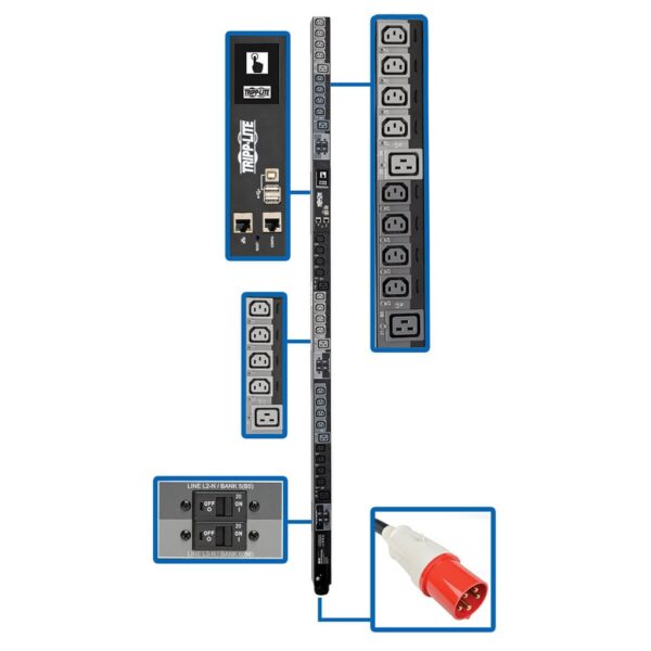 Tripp Lite 28.8kW 220-240V 3-Phase Switched PDU, LX Interface, Gigabit, 30 Outlets, IEC 309 63A 380-415V Input, 1.8 m Cord, 0U, TAA - PDU3XEVSR6G63B