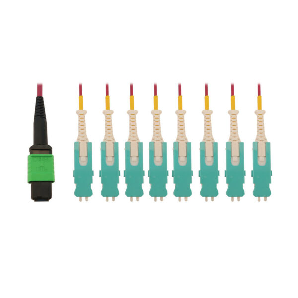 22383b5a95ff98ee93421a593baabc51-1 Tripp Lite series 40/100/400G Multimode 50/125 OM4 Breakout Fiber Optic Cable (16F MTP/MPO-APC to 8x Duplex SN-PC F/M), LSZH, Magenta, 3 m (9.8 ft.)