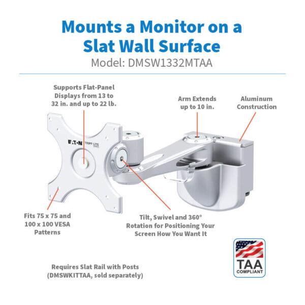 22df30a1b2d8f735cdbe9c11a8892603 Tripp Lite series Single-Extension Monitor Mount for Slat Wall System, 13" to 32" Displays, TAA